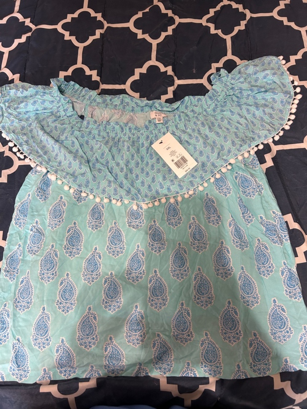 crown & ivy Aqua Paisley Off-Shoulder Ruffle Top with Pom Trim